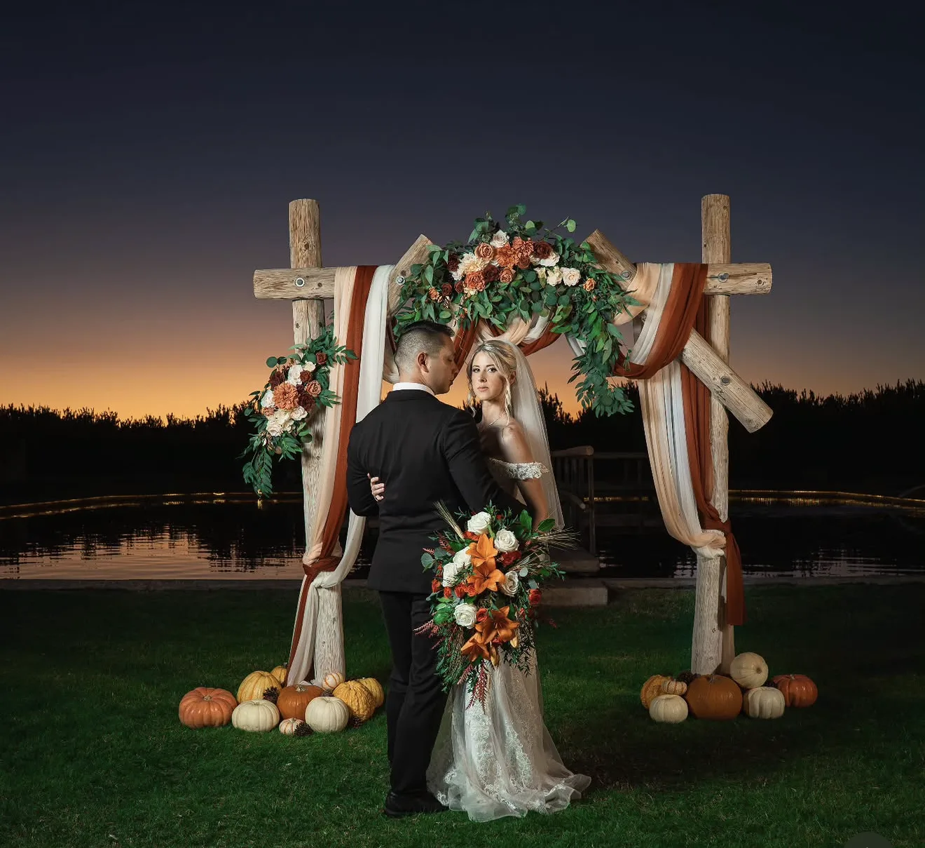 Bride and groom at sunset, wedding makeup by The Beauty Bar, Yuma AZ